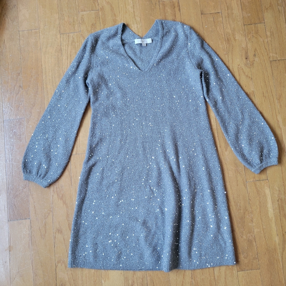 Grey Sequin V-Neck Sweater Dress